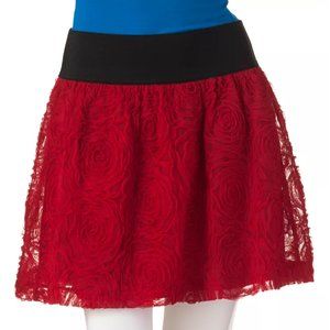Red Rose Tulle Mini Skirt  Black Elastic Waist